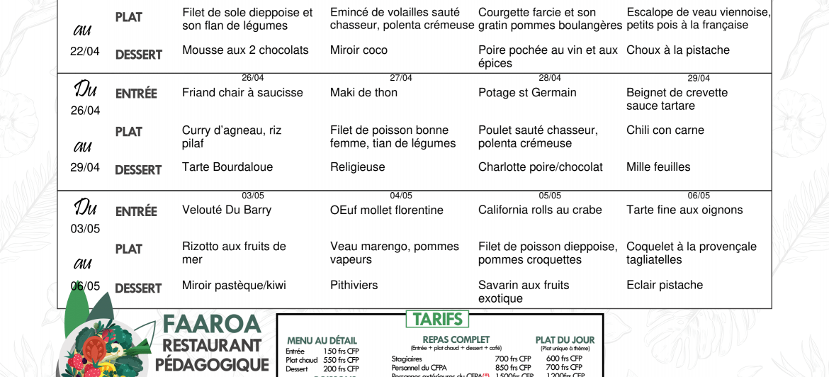 Menu du restaurant pédagogique de Faaroa du 19 Avril au 6 Mai 2021