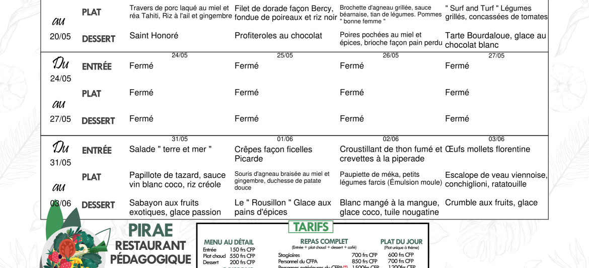 Menu du restaurant pédagogique de Pirae du 17 Mai au 3 Juin 2021