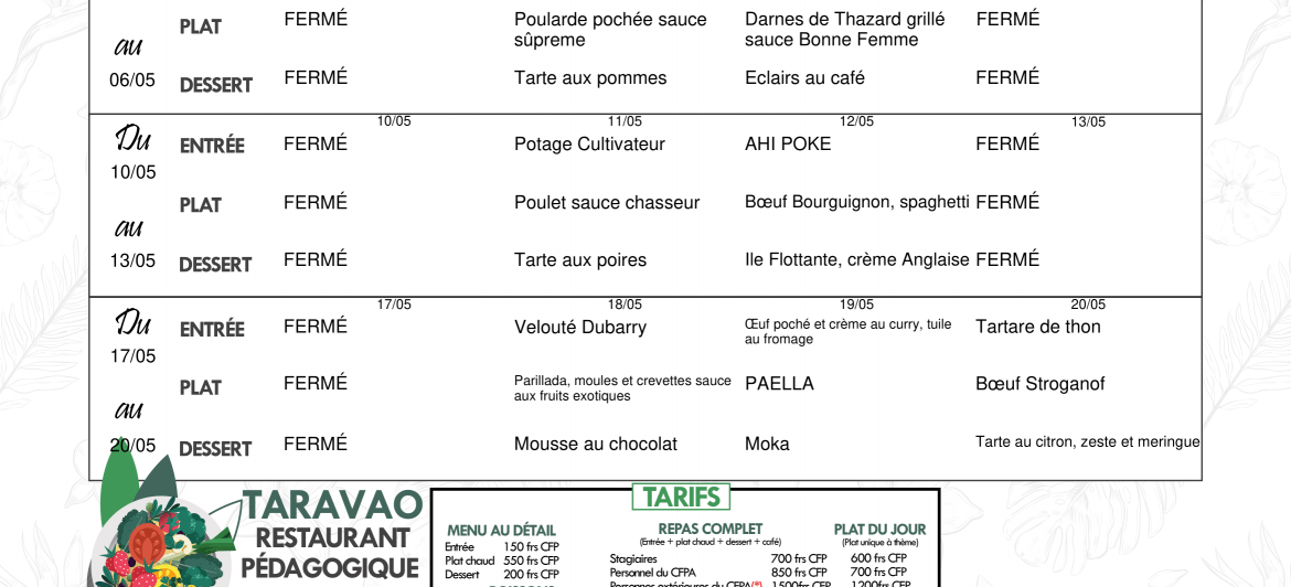 Menu du restaurant pédagogique de Taravao du 3 au 21 Mai 2021