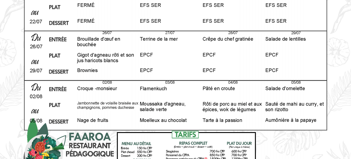 Menu du restaurant pédagogique de Faaroa du 19 Juillet au 5 Août 2021