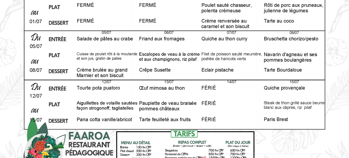 Menu du restaurant pédagogique de Faaroa du 28 Juin au 15 Juillet 2021