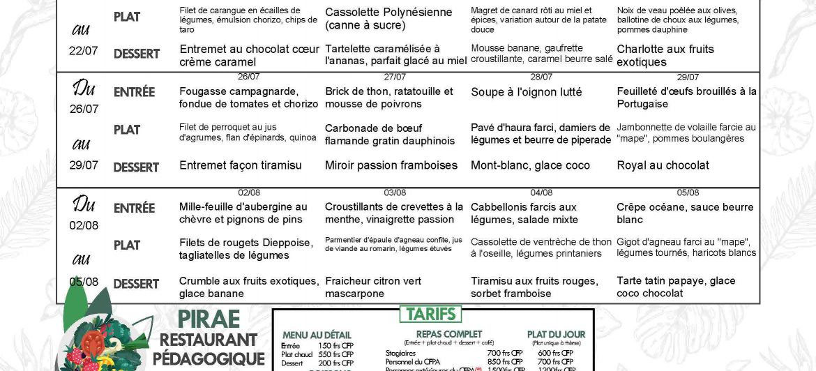 Menu du restaurant pédagogique de Pirae du 19 au 29 Juillet 2021