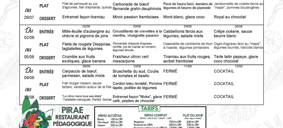 Menu du restaurant pédagogique de Pirae du 26 Juillet au 12 Aout 2021