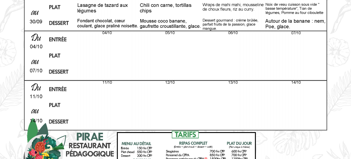 Menu du restaurant pédagogique de Pirae du 27 au 30 Septembre 2021