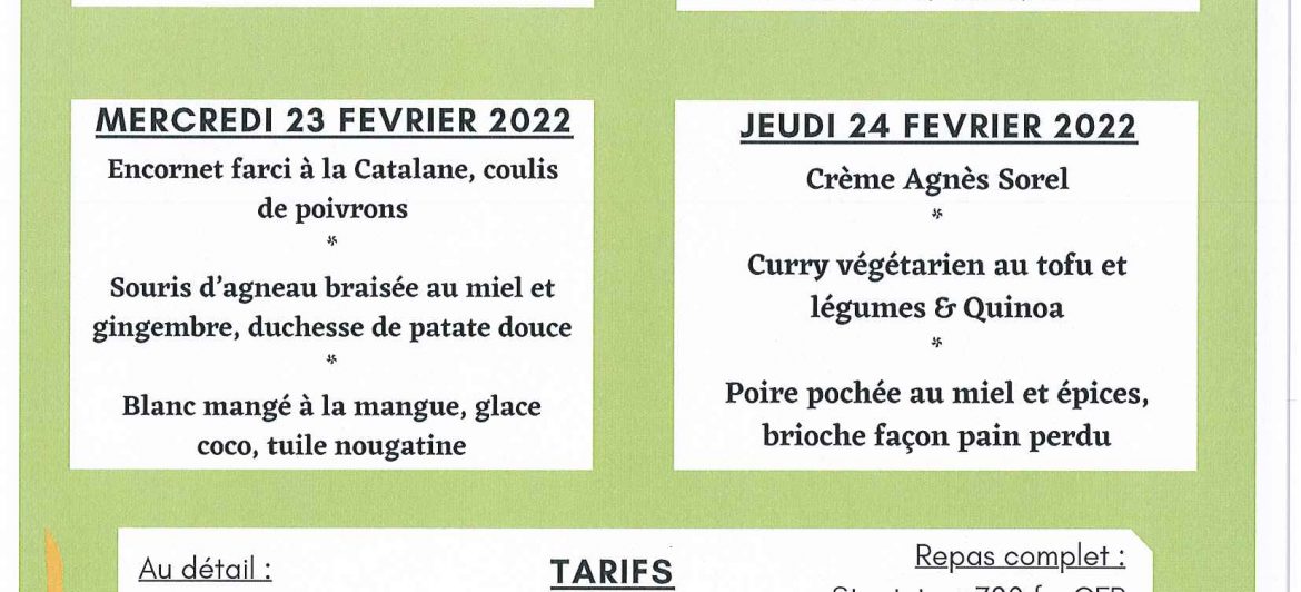 Menu du restaurant pédagogique de Pirae du 21 au 24 Février 2022