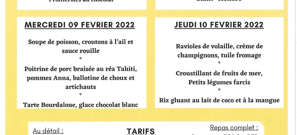 Menu du restaurant pédagogique de Pirae du 7 au 10 Février 2022
