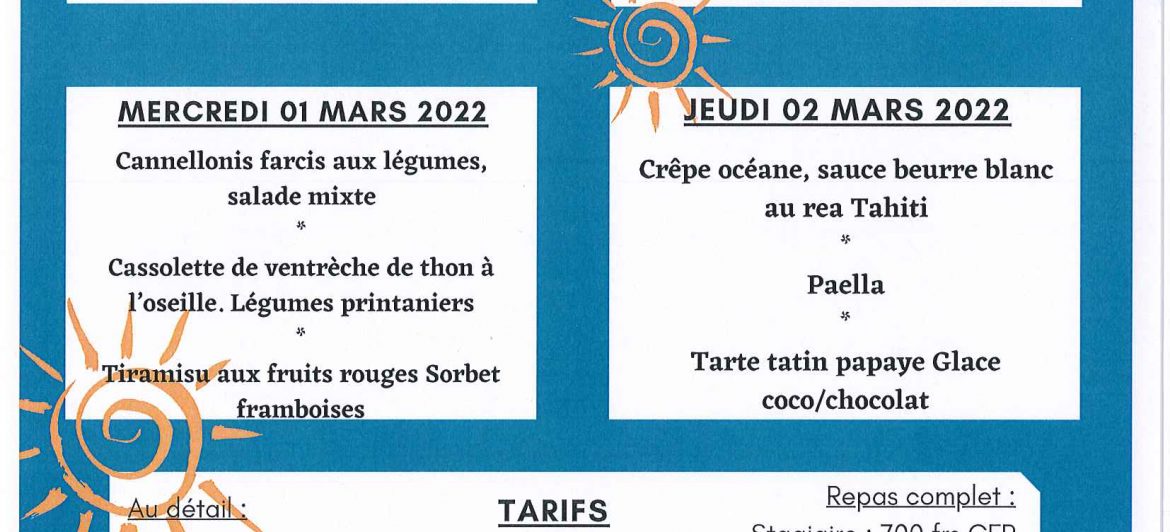 Menu du restaurant pédagogique de Pirae du 28 au 03 Mars 2022