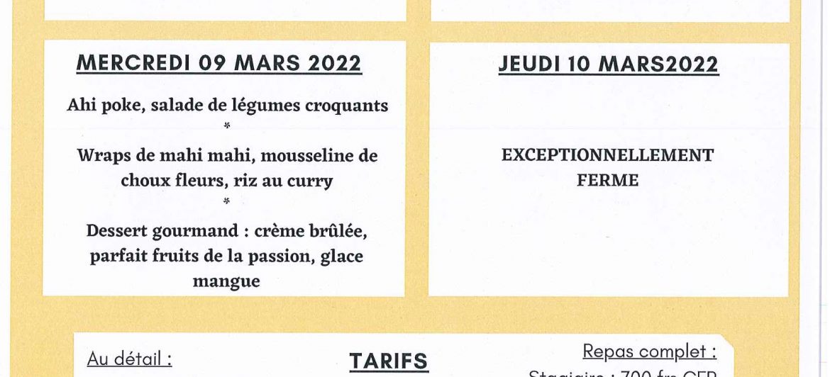 Menu du restaurant pédagogique de Pirae du 07 au 09 Mars 2022