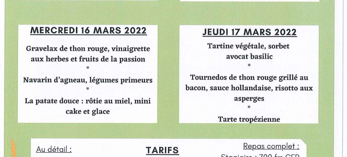 Menu du restaurant pédagogique de Pirae du 14 au 17 Mars 2022