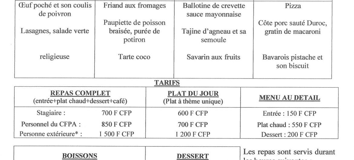 Menu du restaurant pédagogique de Faaroa du 15 au 24 Mars 2022