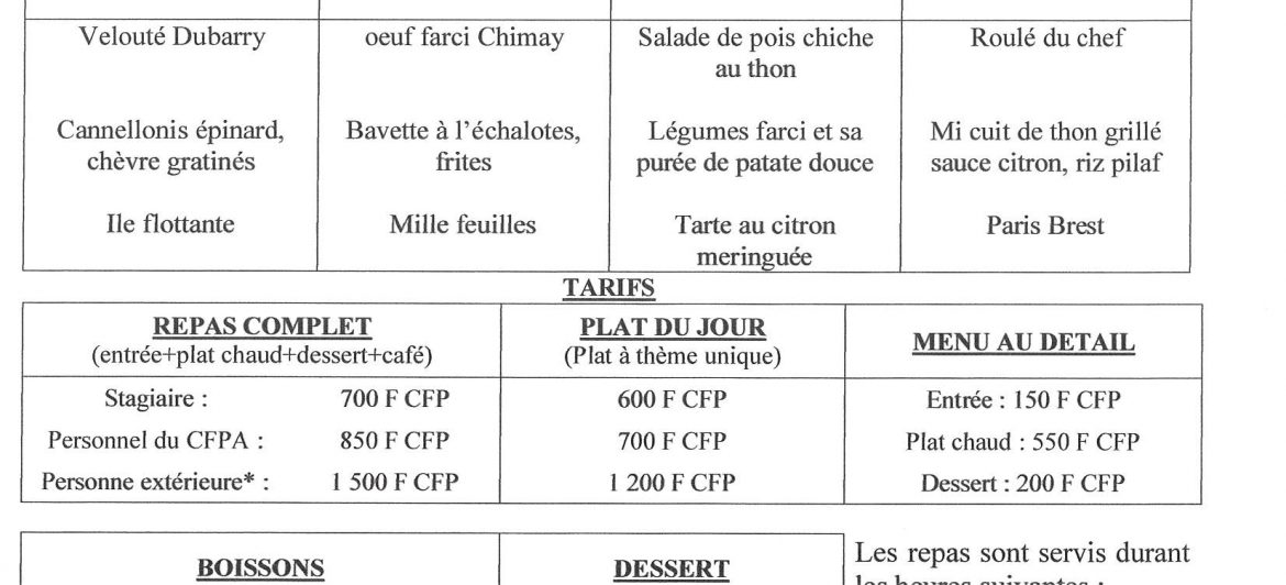 Menu du restaurant pédagogique de Faaroa du 28 Mars au 7 Avril 2022