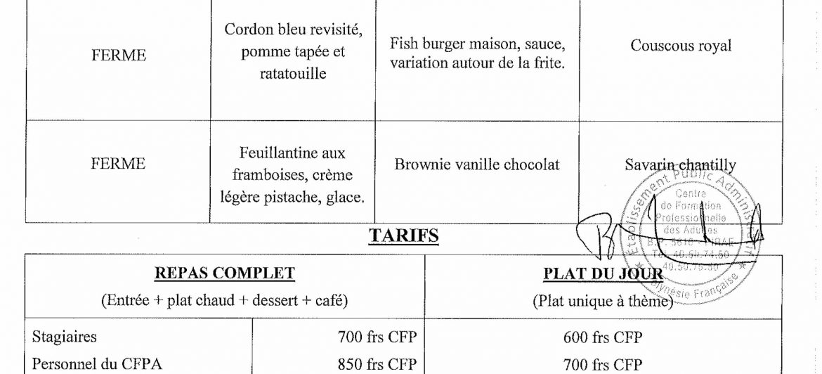 Menu du restaurant pédagogique de Pirae du 12 au 14 Avril 2022