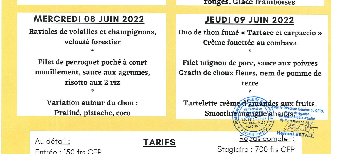 Menu du restaurant pédagogique de Pirae du 07 au 09 Juin 2022