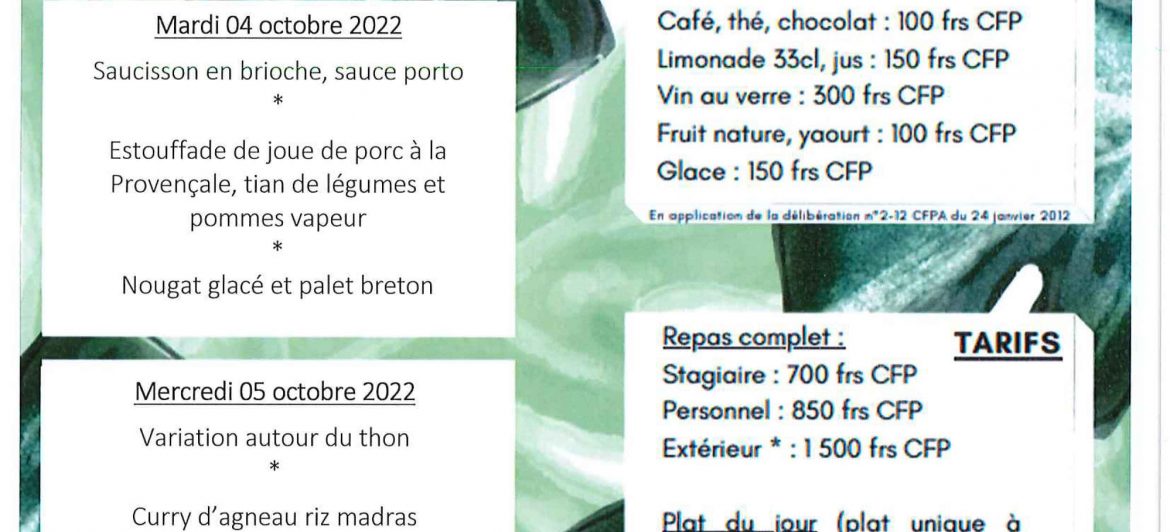 Menu du restaurant pédagogique de Pirae du 03 au 06 Octobre 2022