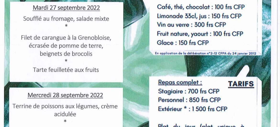 Menu du restaurant pédagogique de Pirae du 26 au 29 Septembre 2022