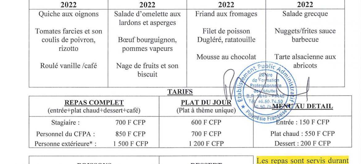 Menu du restaurant pédagogique de Faaroa du 3 au 13 Octobre 2022