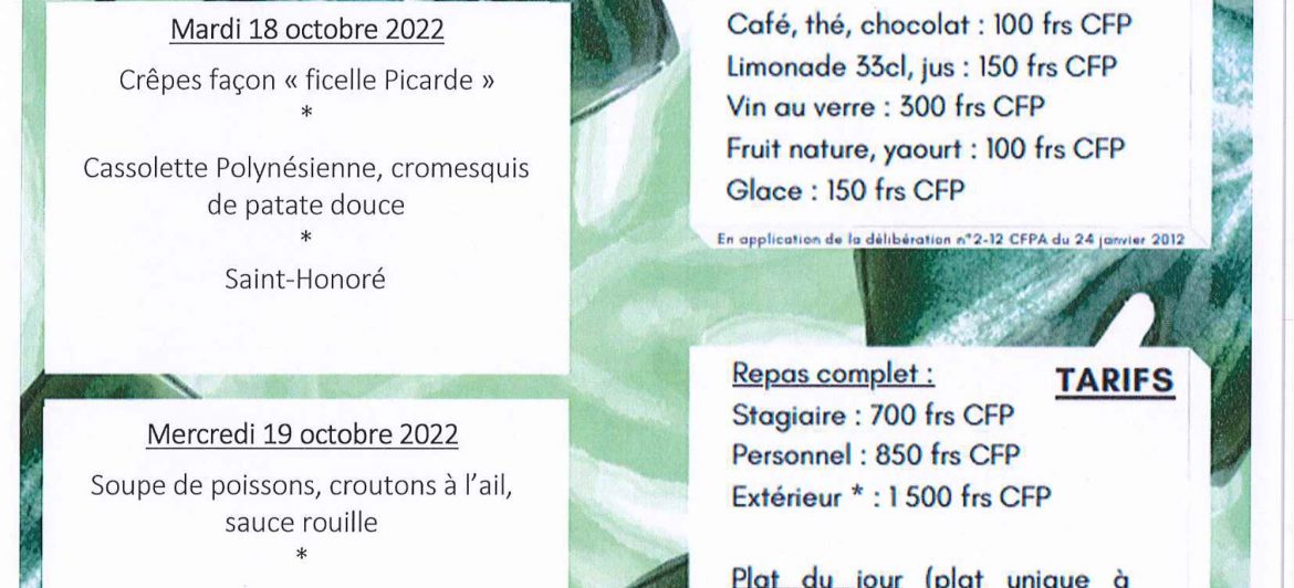 Menu du restaurant pédagogique de Pirae du 17 au 21 Octobre 2022