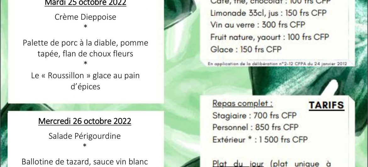 Menu du restaurant pédagogique de Pirae du 24 au 28 Octobre 2022