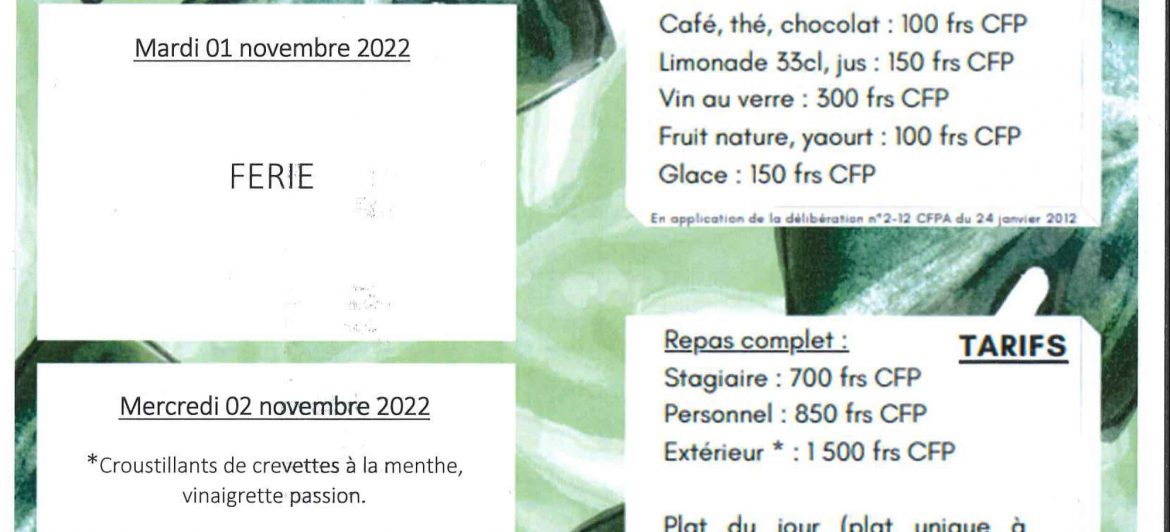 Menu du restaurant pédagogique de Pirae du 31 Octobre au 04 Novembre 2022