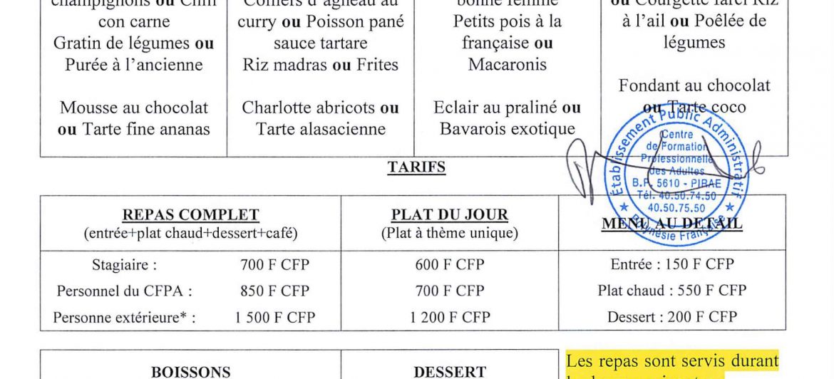 Menu du restaurant pédagogique de Faaroa du 24 au 27 Octobre 2022