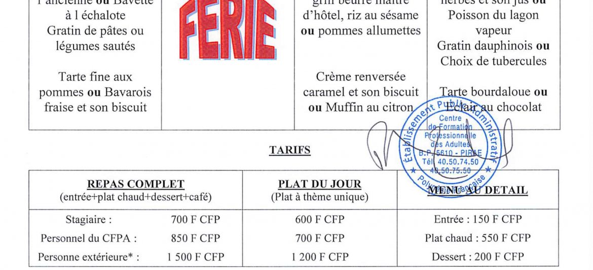 Menu du restaurant pédagogique de Faaroa du 31 Octobre au 3 Novembre 2022