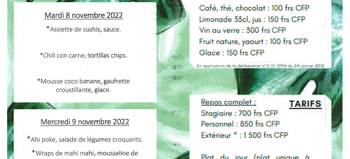 Menu du restaurant pédagogique de Pirae du 8 au 10 Novembre 2022
