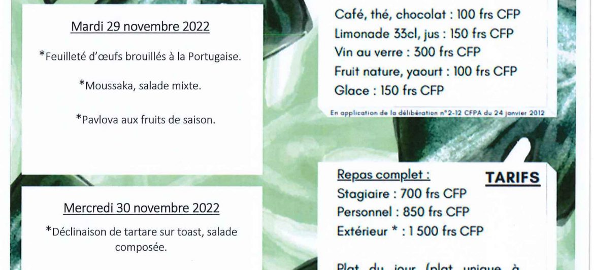 Menu du restaurant pédagogique de Pirae du 28 au 30 Novembre 2022