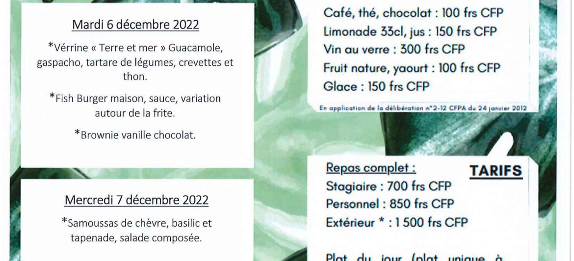Menu du restaurant pédagogique de Pirae du 05 au 08 Décembre 2022