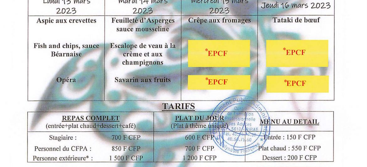 Menu du restaurant pédagogique de Faaroa du 06 au 16 Mars 2023