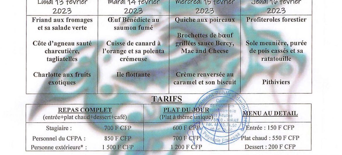 Menu du restaurant pédagogique de Faaroa du 07 Février au 02 Mars 2023