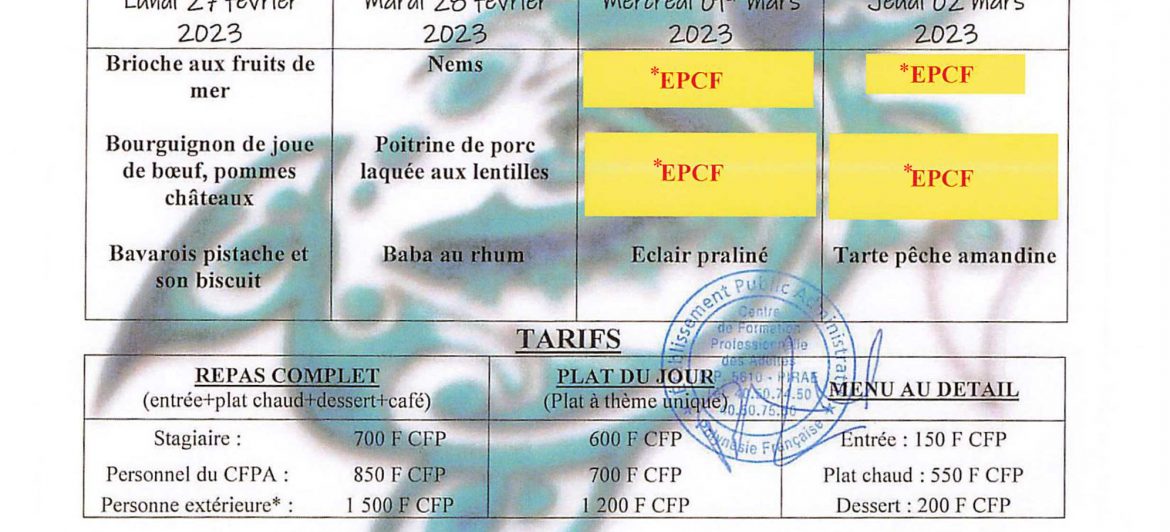 Menu du restaurant pédagogique de Faaroa du 20 Février au 02 Mars 2023