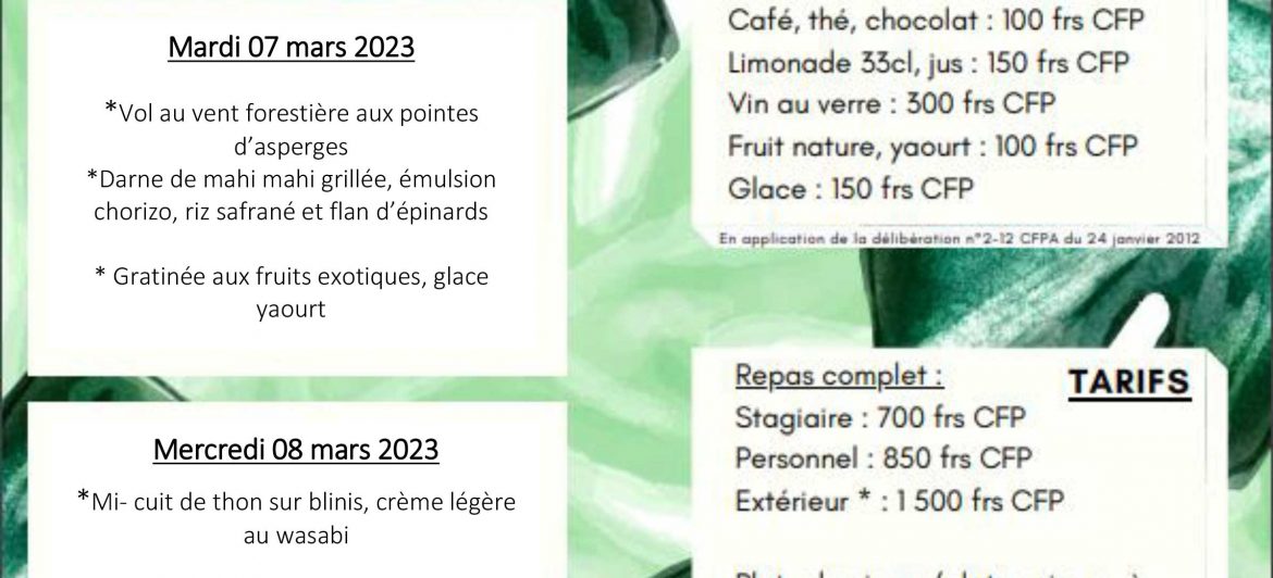 Menu du restaurant pédagogique de Pirae du 06 au 09 Mars 2023