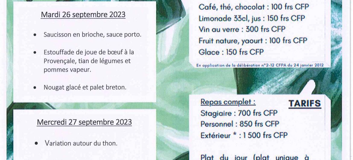 Menu du restaurant pédagogique de Pirae du 25 au 29 Septembre 2023