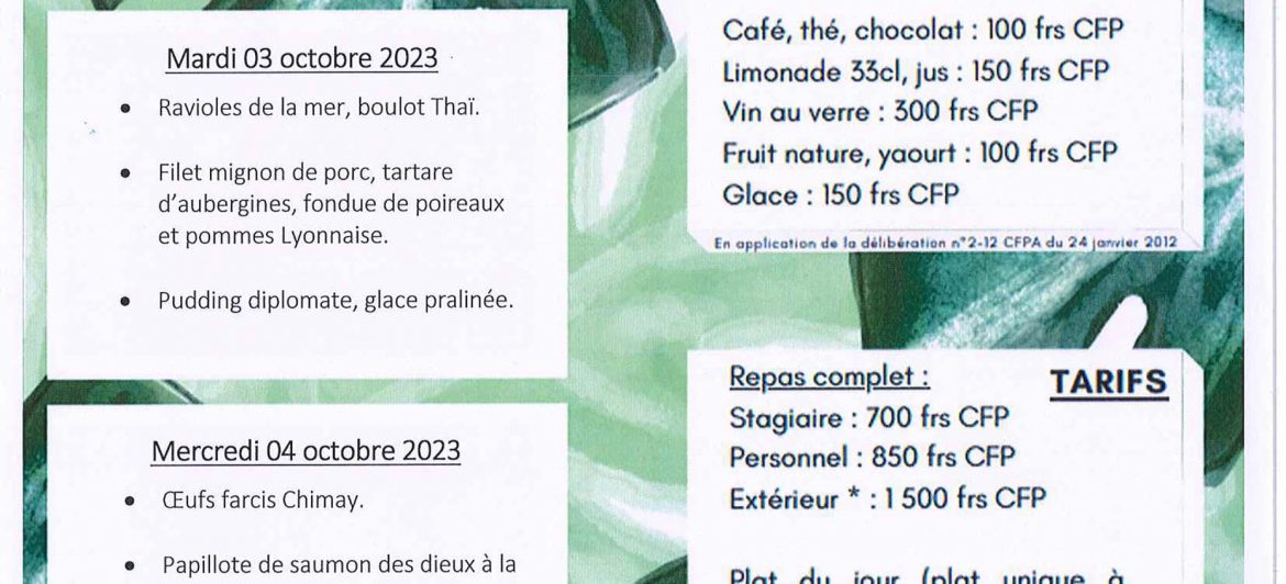 Menu du restaurant pédagogique de Pirae du 2 au 6 Octobre 2023
