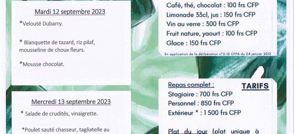 Menu du restaurant pédagogique de Pirae du 11 au 14 Septembre 2023