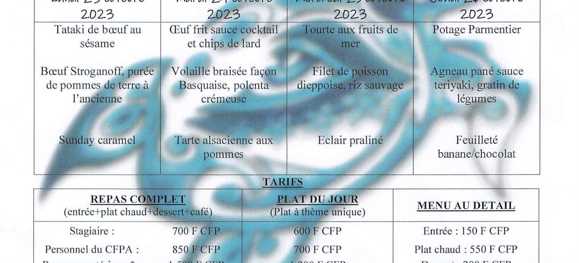 Menu du restaurant pédagogique de Faaroa du 16 au 26 Octobre 2023