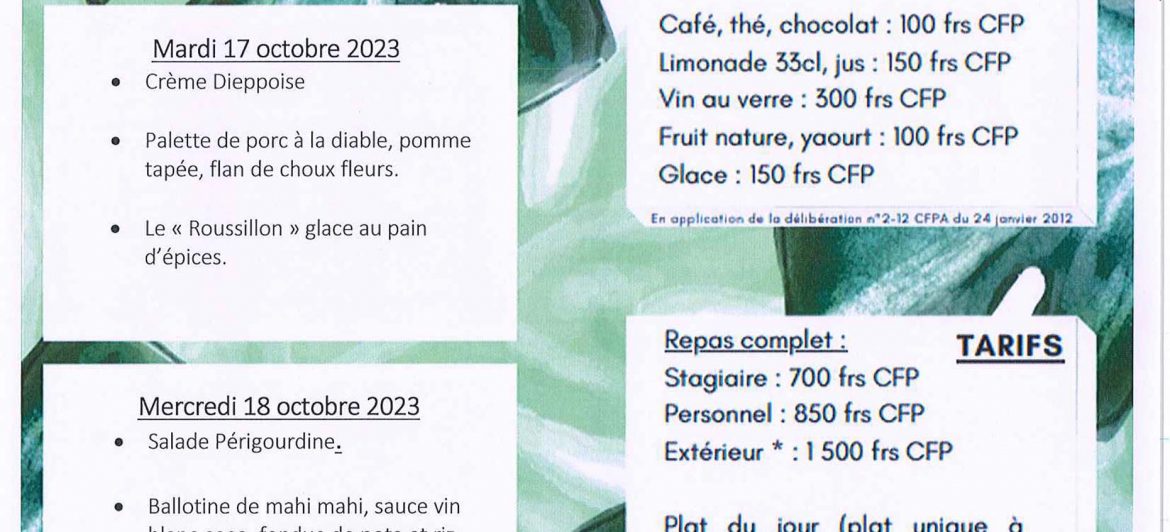 Menu du restaurant pédagogique de Pirae du 16 au 19 Octobre 2023