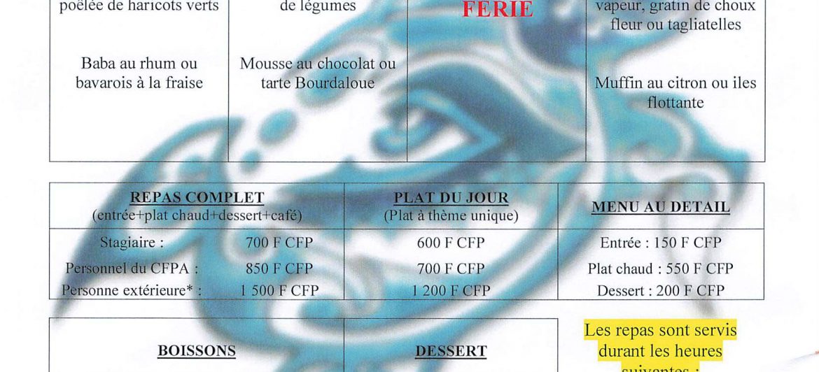 Menu du restaurant pédagogique de Faaroa du 30 Octobre au 2 Novembre 2023