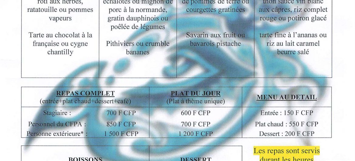 Menu du restaurant pédagogique de Faaroa du 6 au 9 Novembre 2023