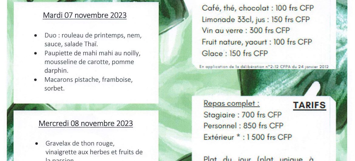 Menu du restaurant pédagogique de Pirae du 06 au 09 Novembre 2023