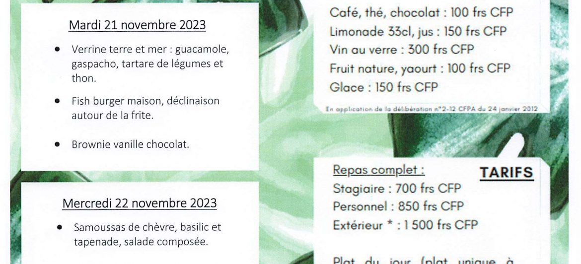 Menu du restaurant pédagogique de Pirae du 20 au 23 Novembre 2023
