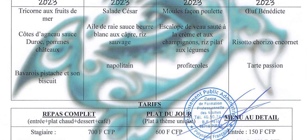 Menu du restaurant pédagogique de Faaroa du 27 Novembre au 7 Décembre 2023
