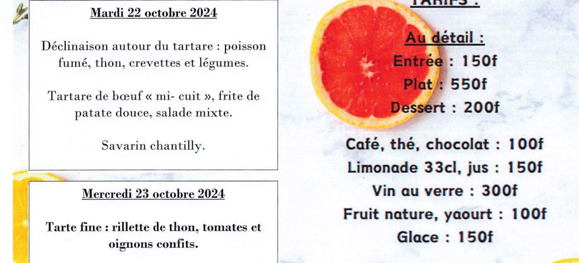 Menu du restaurant pédagogique de Pirae du 22 au 24 Octobre 2024