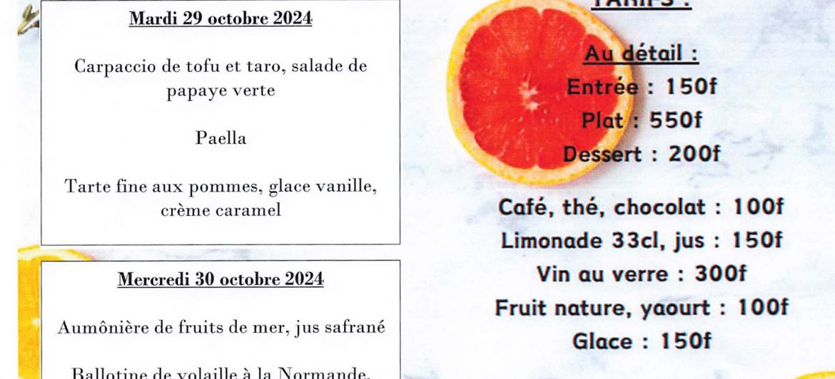 Menu du restaurant pédagogique de Pirae du 28 au 31 Octobre 2024