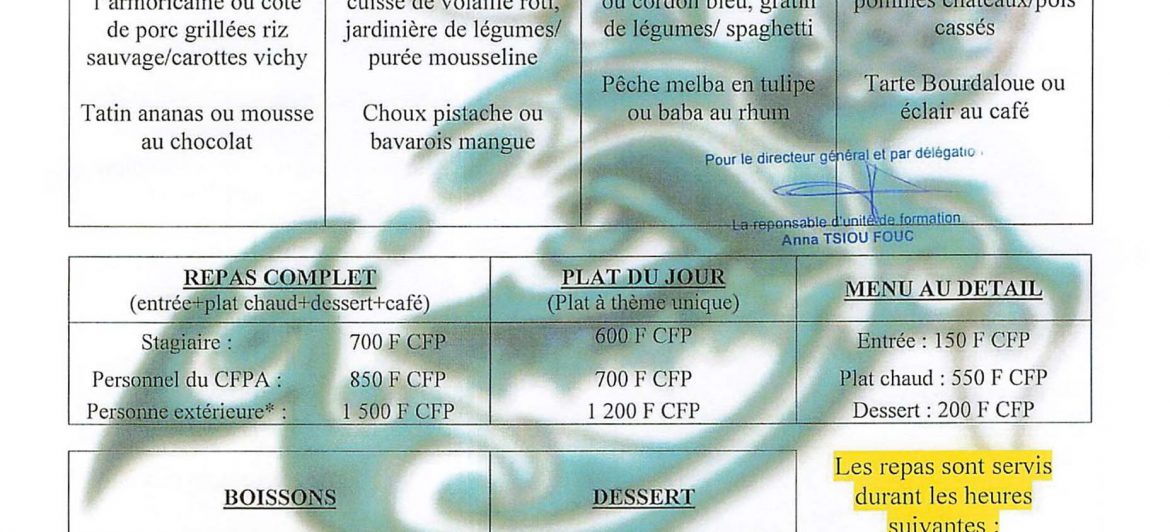 Menu du restaurant pédagogique de Faaroa du 04 au 07 Novembre 2024