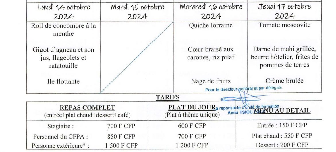 Menu du restaurant pédagogique de Faaroa du 07 au 17 Octobre 2024
