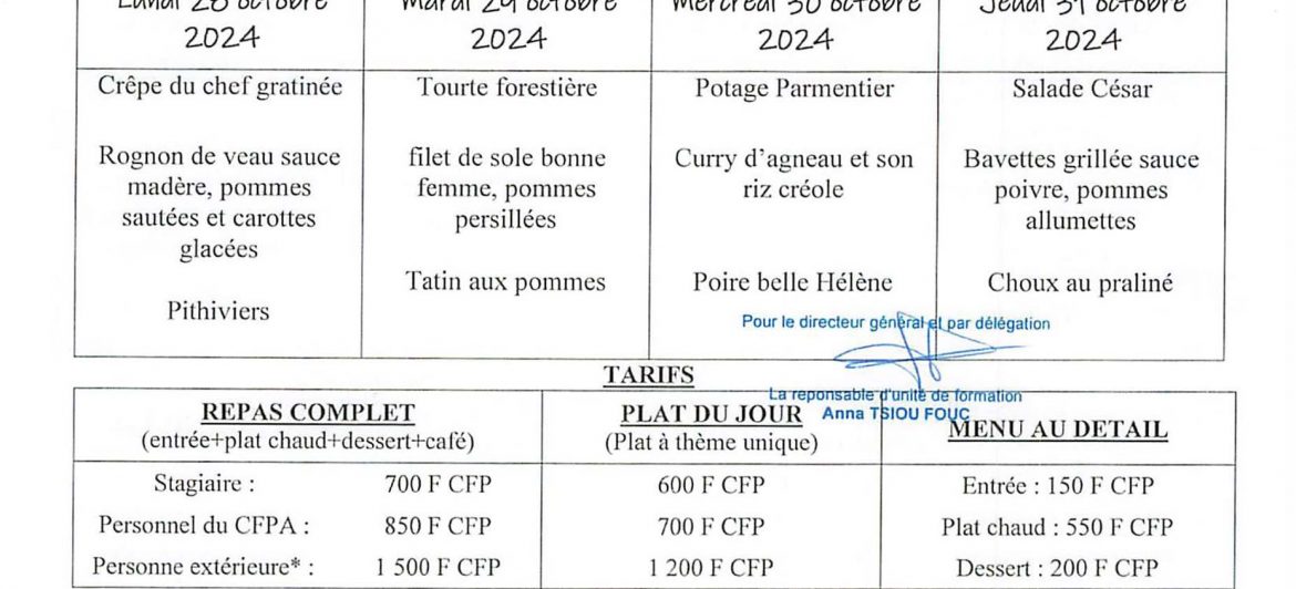 Menu du restaurant pédagogique de Faaroa du 21 au 31 Octobre 2024