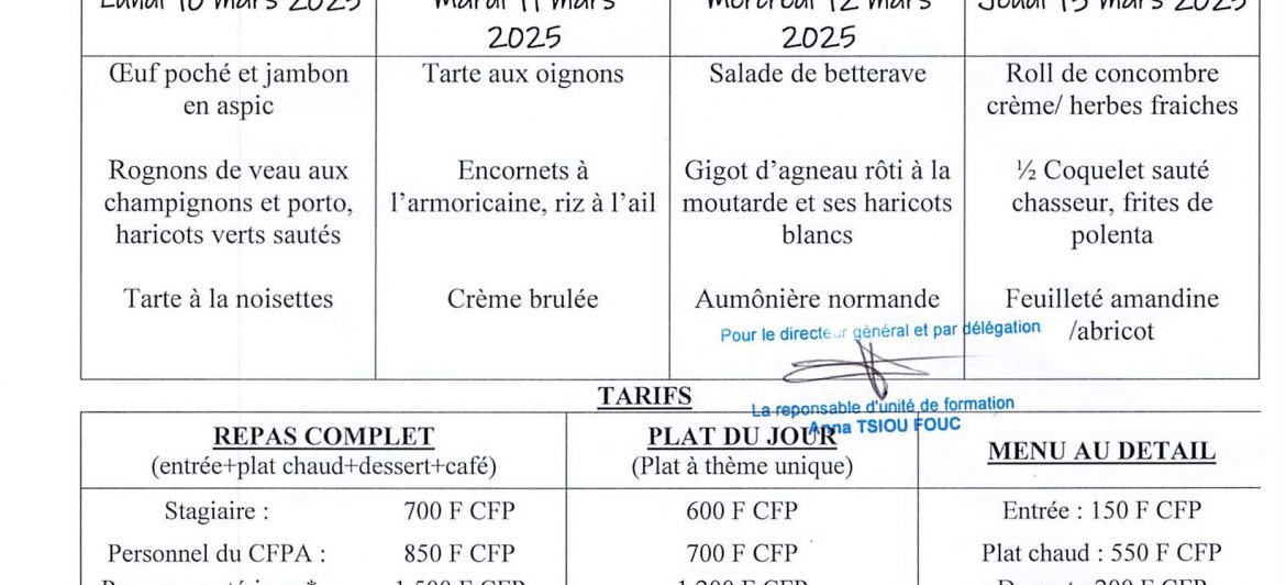 Menu du restaurant pédagogique de Faaroa du 03 au 13 Mars 2025