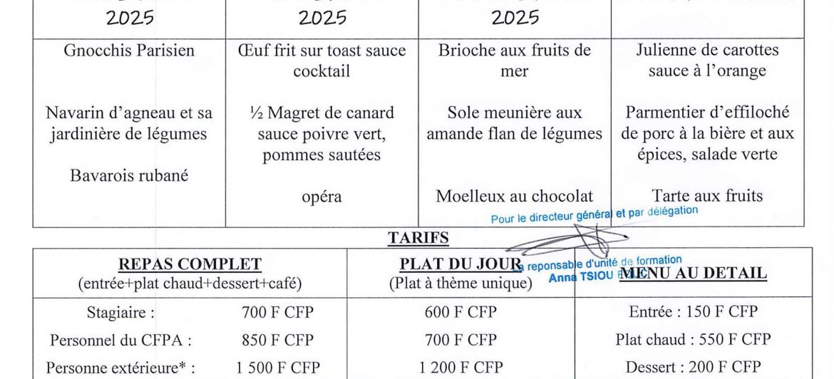Menu du restaurant pédagogique de Faaroa du 17 au 27 Mars 2025