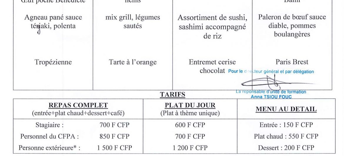 Menu du restaurant pédagogique de Faaroa du 31 Mars au 10 Avril 2025